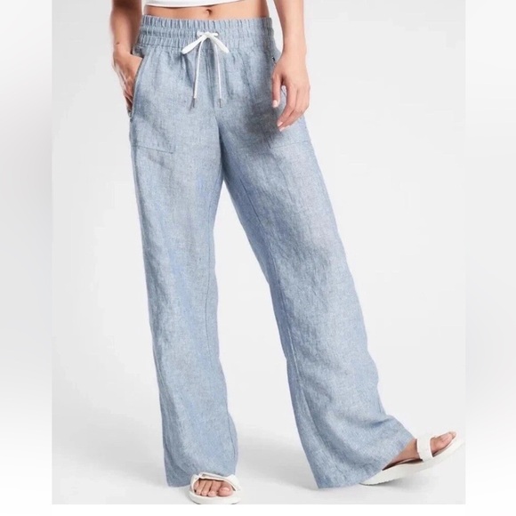 Athleta Cabo 100% Linen High Rise Wide Leg Pants Blue Women's Size 2/P Nautical - Picture 1 of 11